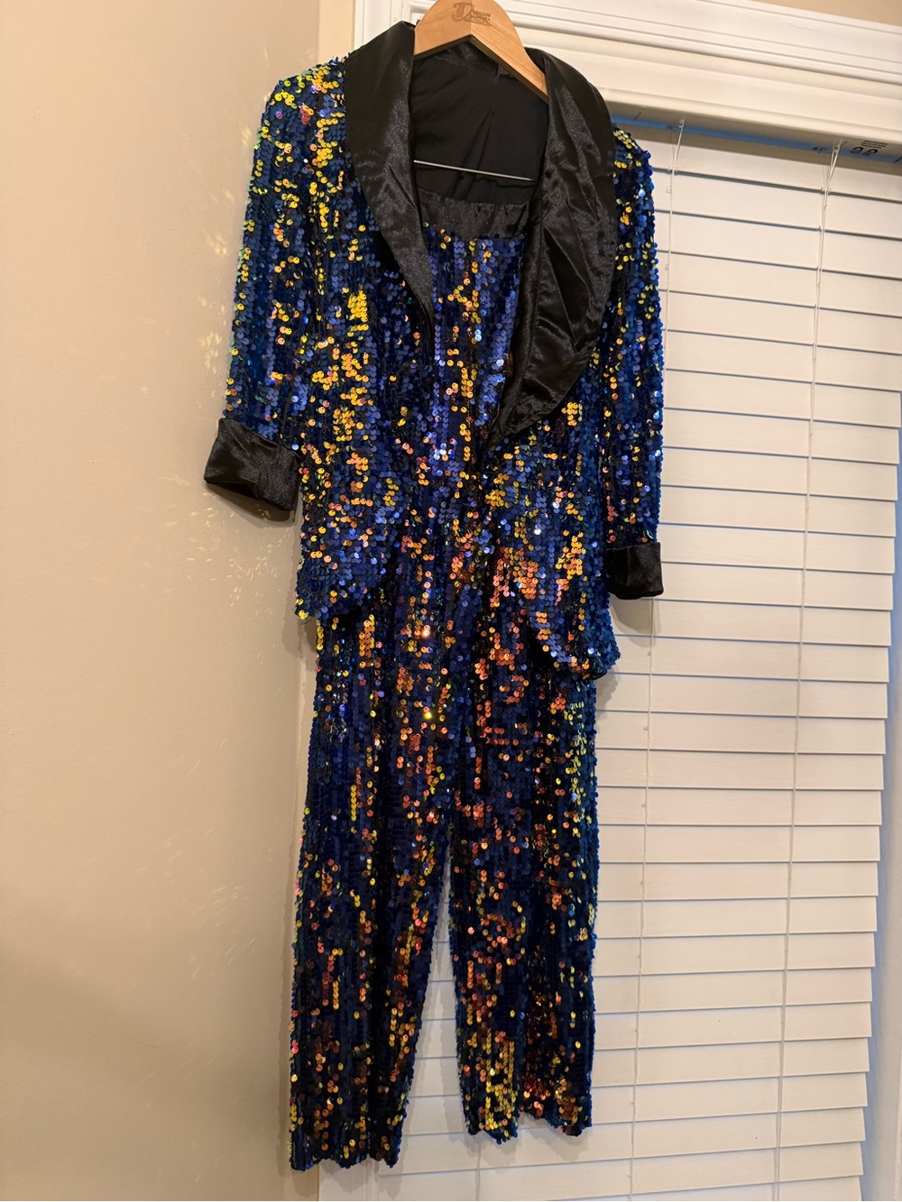 Weissman Blue Multicolor Sequin Jumpsuit with Satin Lapel